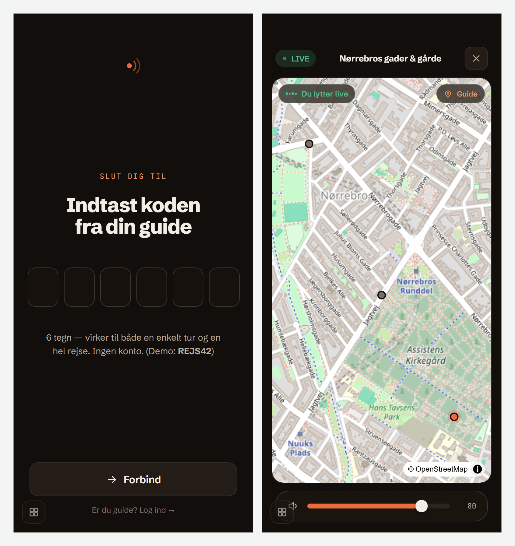 Guiden taler i sin telefon — gæsterne lytter i deres egen