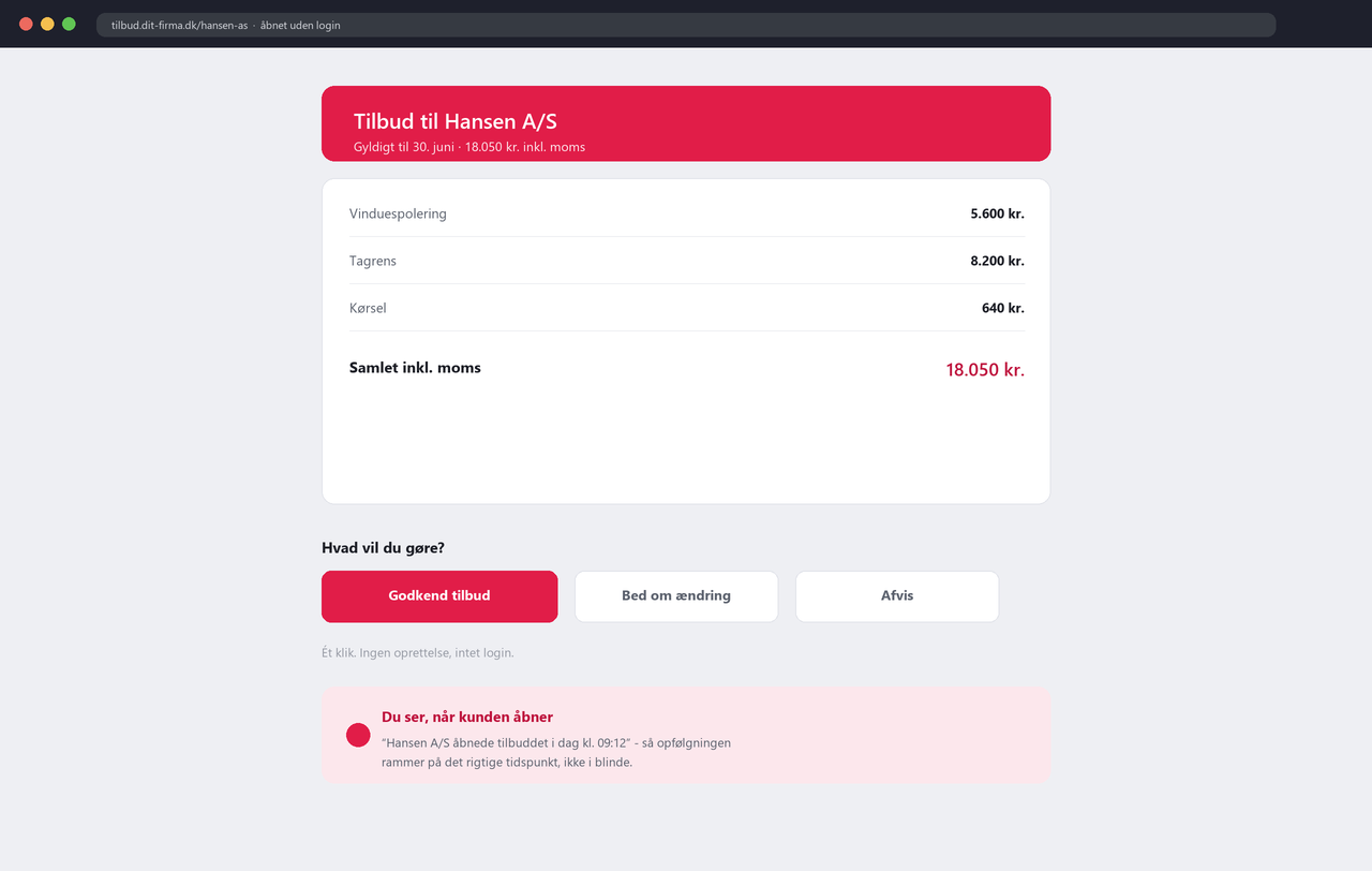 Kundens tilbudsside: se, godkend, afvis eller bed om en ændring med ét klik - uden login